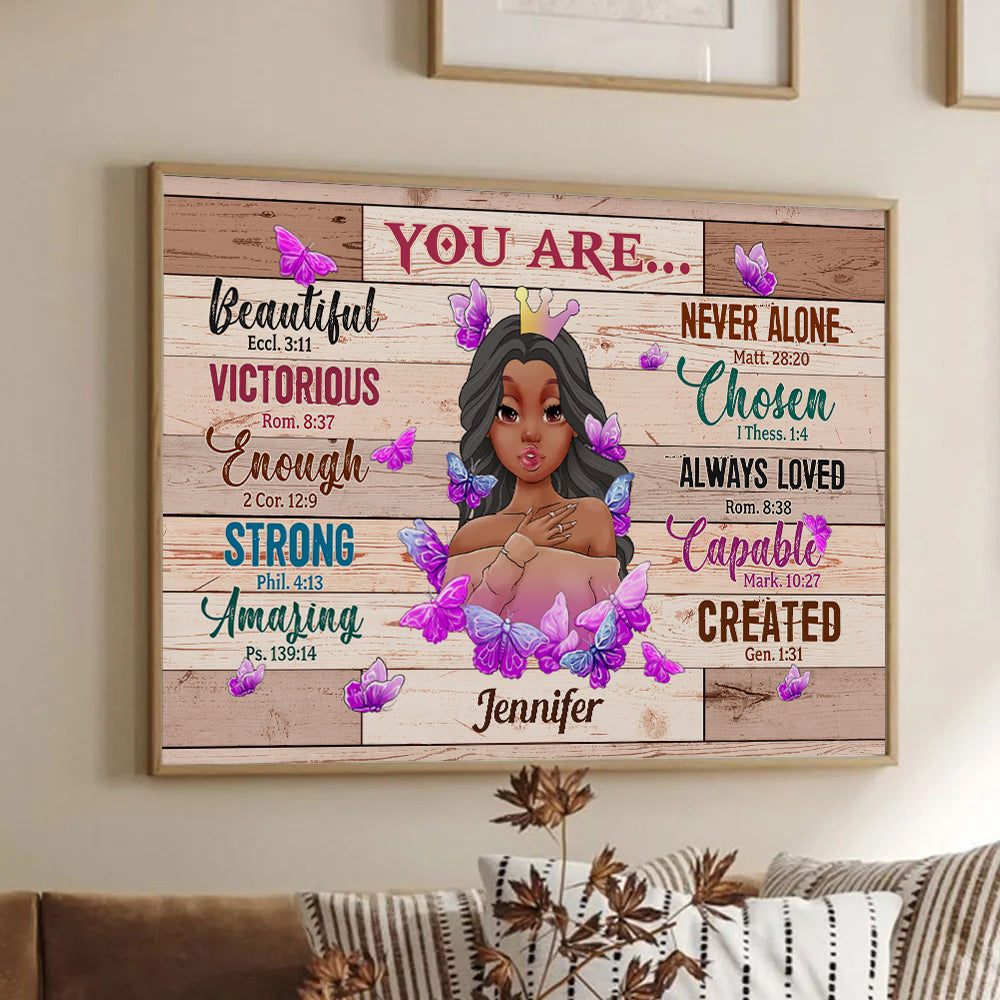 Personalized You Are Beautiful Bible Verse poster, framed in a bright living room