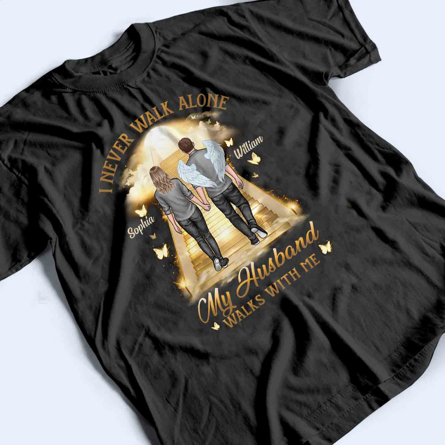 His Wings Guide My Steps Memorial - Personalized Custom T Shirt - Memorial Sympathy Gifts For Loss Of Husband, Wife