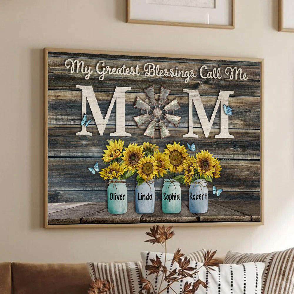 Personalized My Greatest Blessings Call Me Mom poster, framed in a bright living room