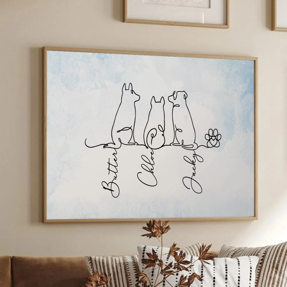 Personalized Adorable Dog Line Art poster, framed in a bright living room