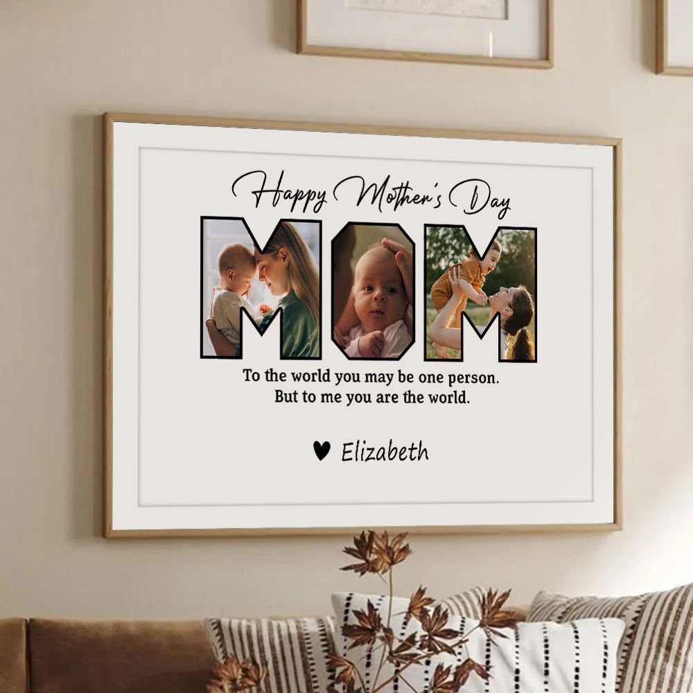 Custom Photo Happy Mother's Day To Mom poster, framed in a bright living room