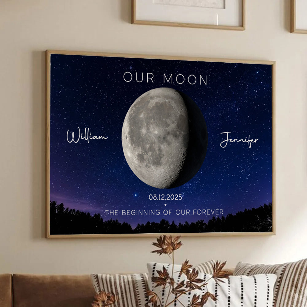 Personalized Couple's Anniversary Moon Phase Canvas print, framed in a bright living room