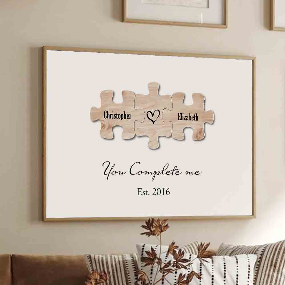 Personalized You Complete Me Couple Puzzle canvas print, framed in a bright living room