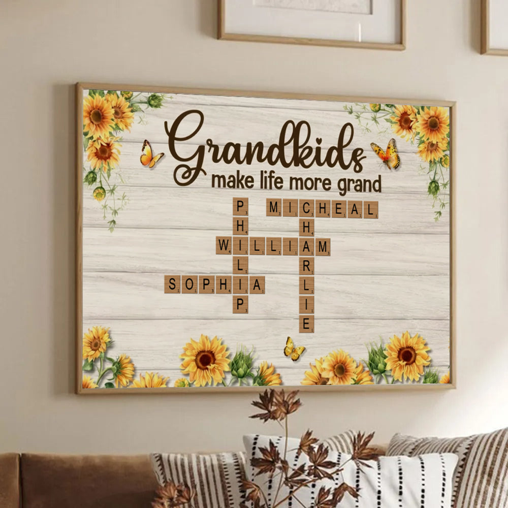 Grandkids Make Life More Grand Crossword Puzzle Sunflower - Personalized Poster/Canvas Prints - Gift for Grandma, Nana, Grandparent