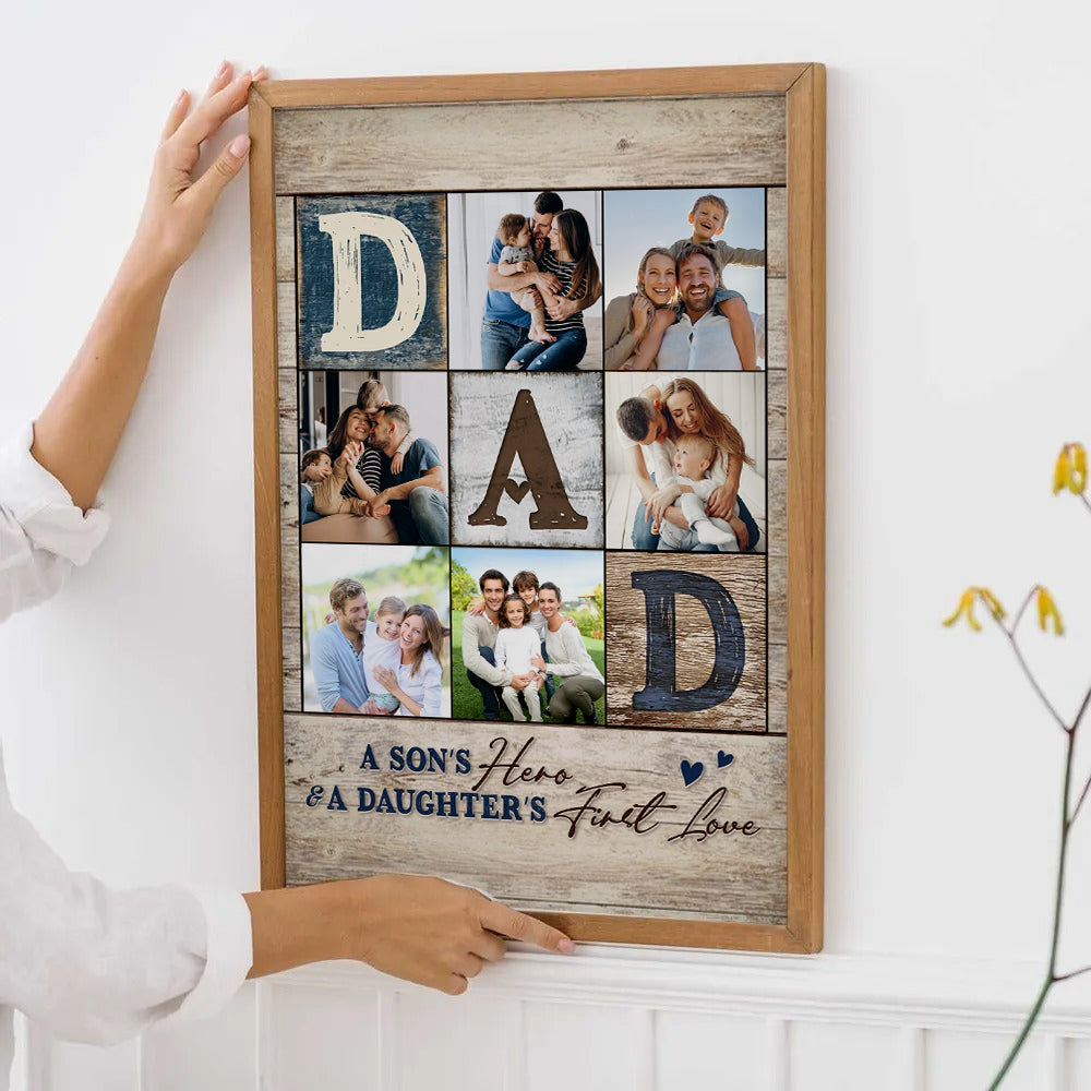 Personalized Custom Photo Collage You Are The World canvas print, a woman hanging the framed print on a wall