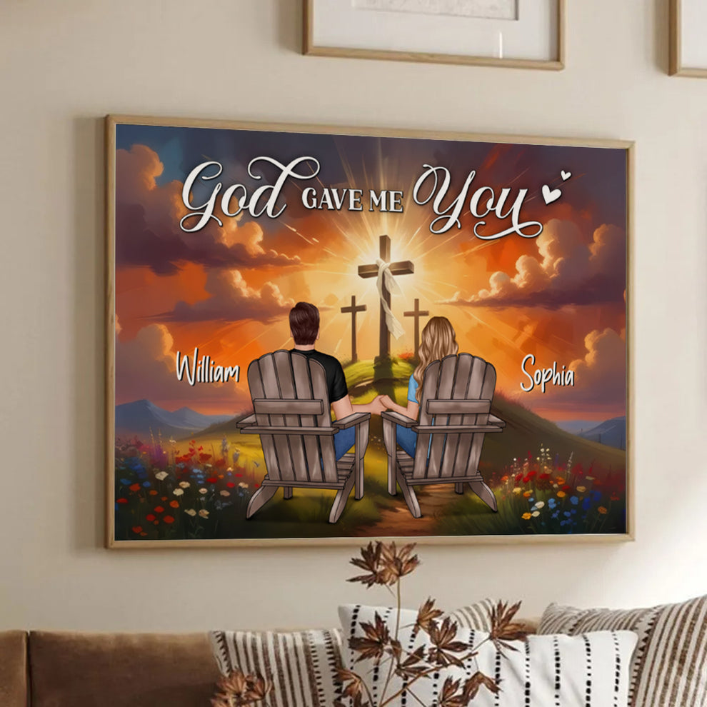 Personalized Cross God Gave Me You Couple Sitting poster, leaning against a wall on a wooden floor