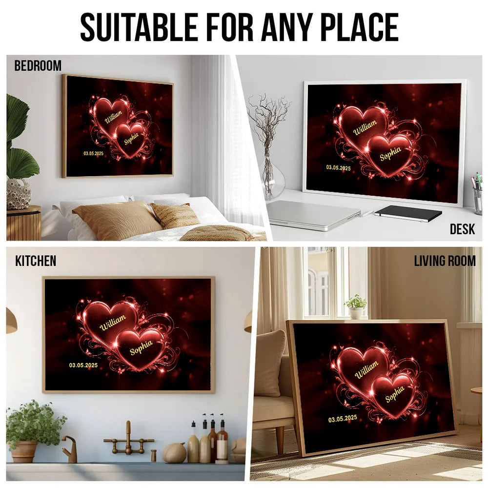 Personalized Romantic Couple Heart canvas print, room placement ideas for bedroom, desk, kitchen and living room