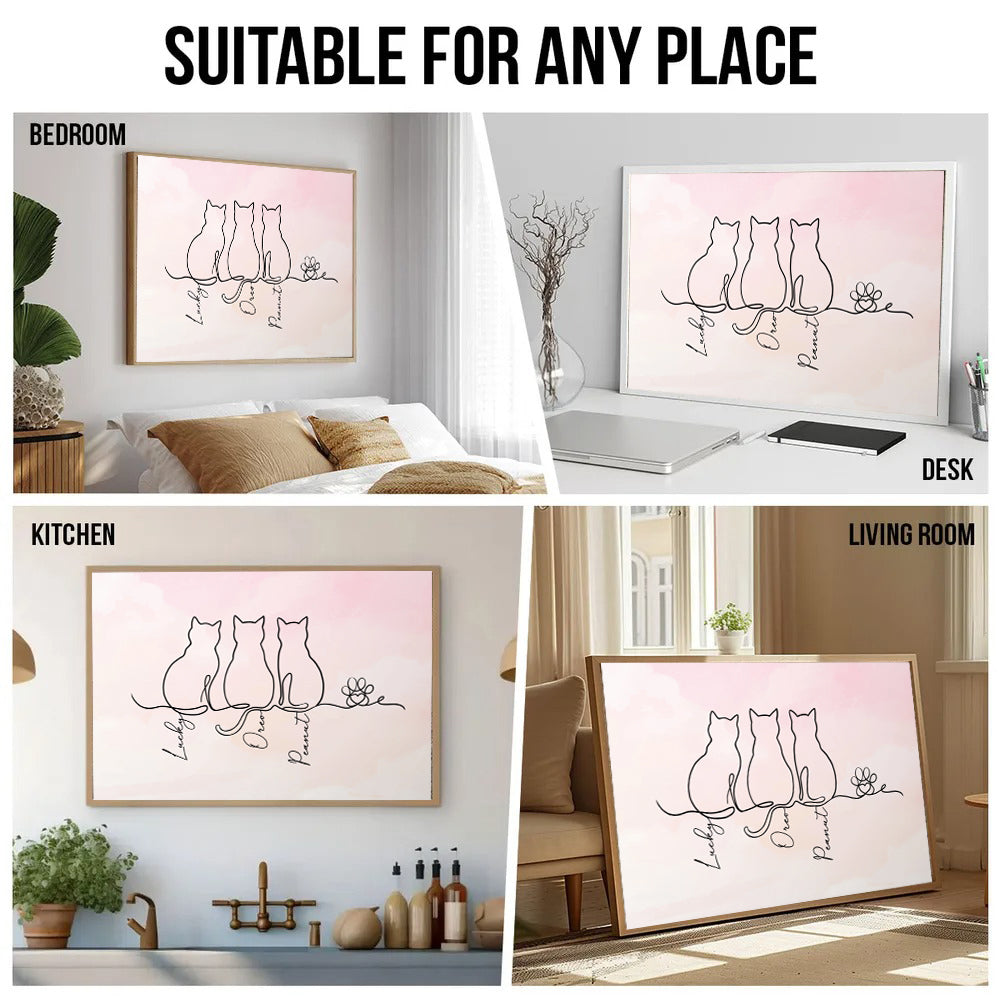 Personalized Adorable Cat Line canvas print, room placement ideas for bedroom, desk, kitchen and living room