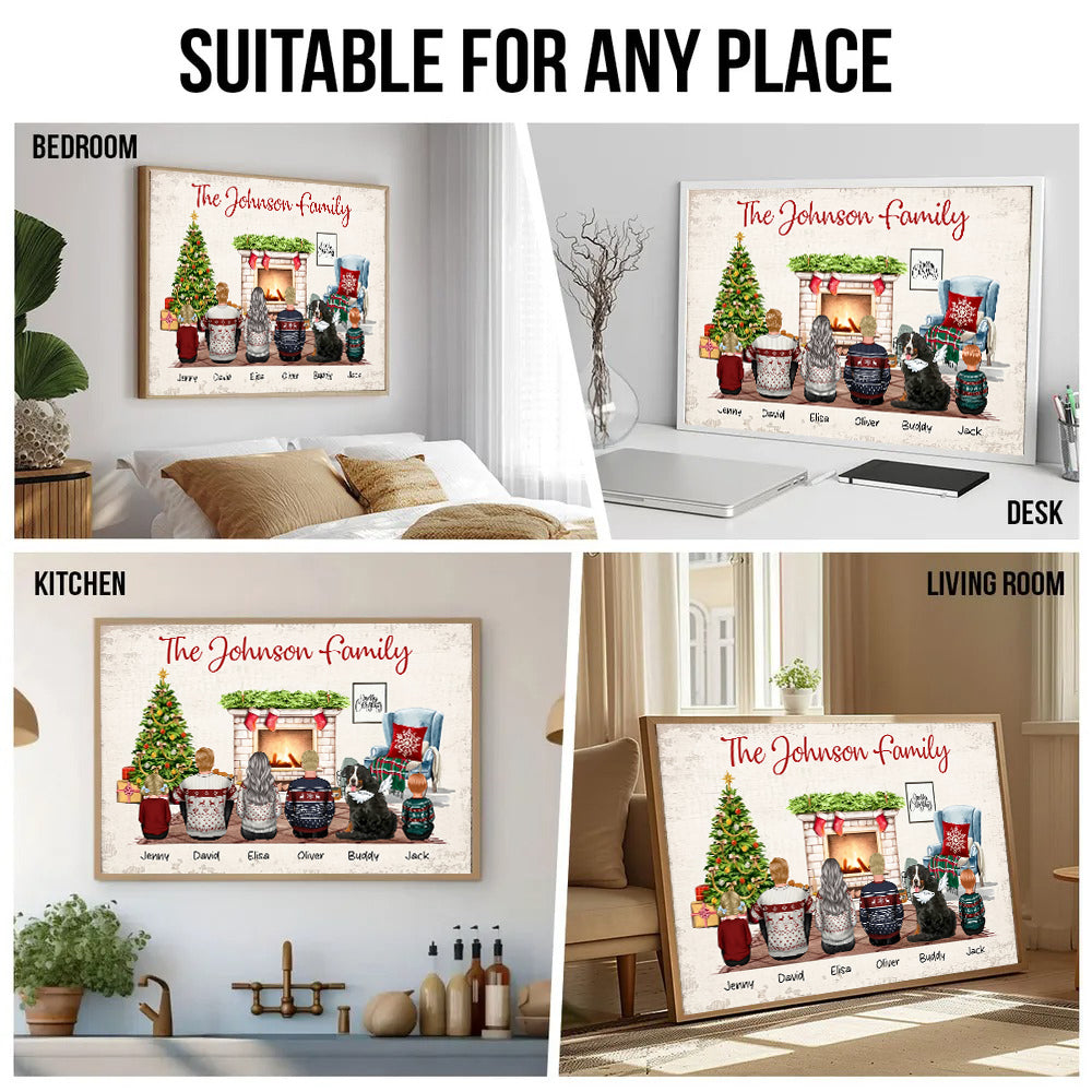 Personalized Christmas Family Back View Sitting Together poster, kitchen and living room