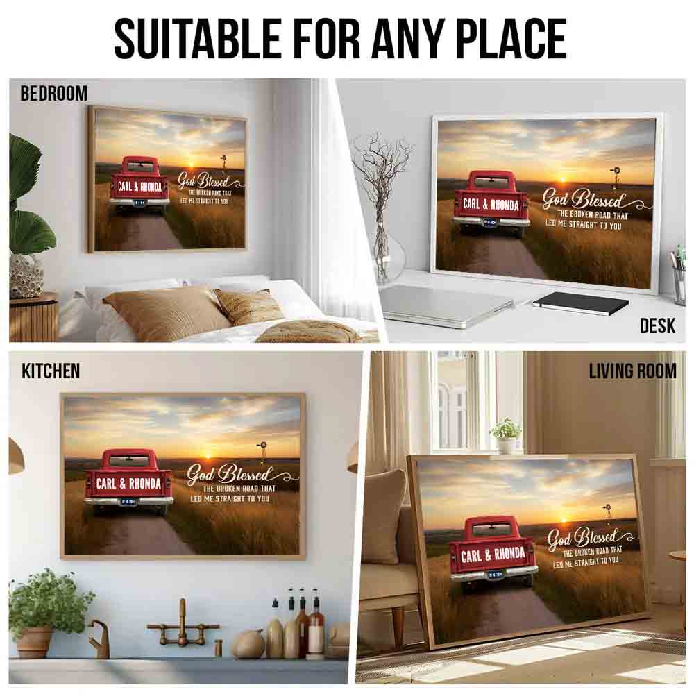 Wife or Husband's Personalized Canvas: "God Blessed The Broken Road" poster, kitchen and living room