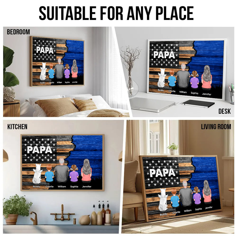 Personalized Dad Grandpa Back View Sitting With Kids Half Nation Flag poster, kitchen and living room