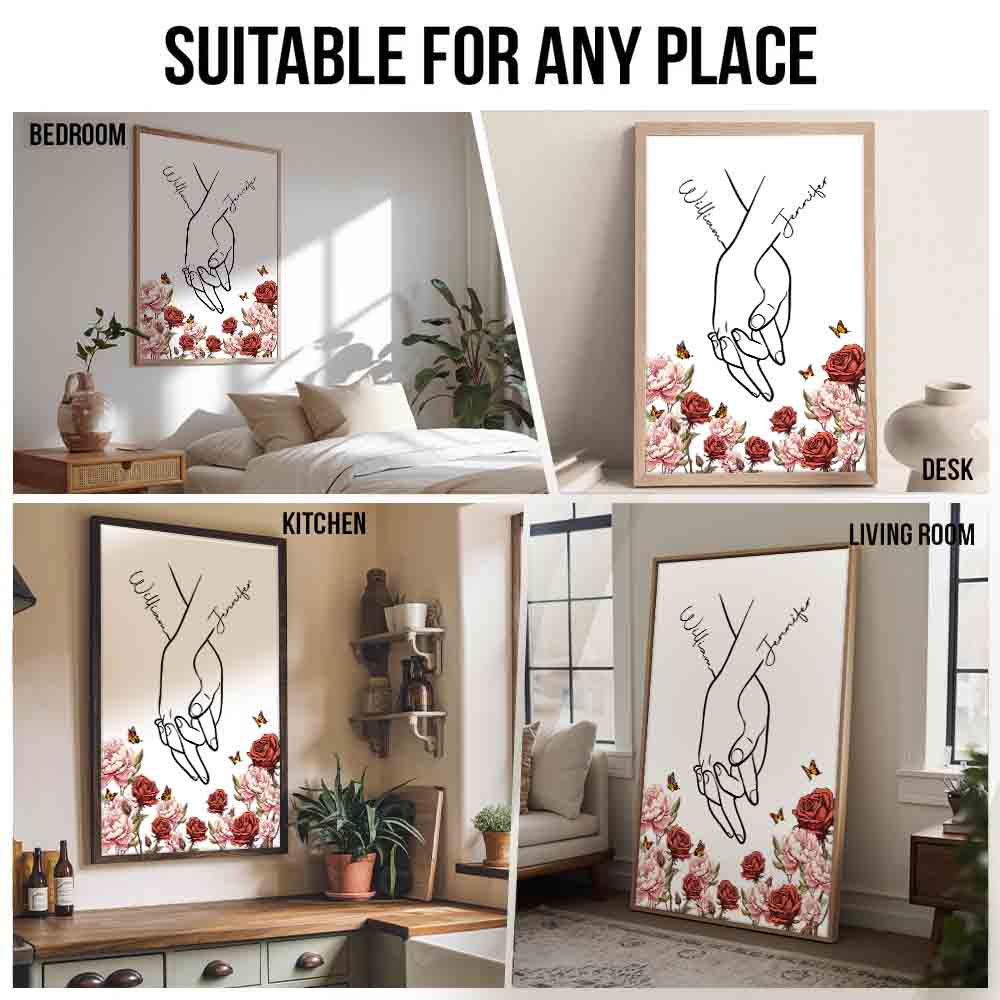 I Love You Couple Hand Print Birth Flower - Personalized Poster/Canvas Prints - Gift For Her/Him, Wife/Husband, Girlfriend/Boyfriend on Anniversary, Valentine's Day