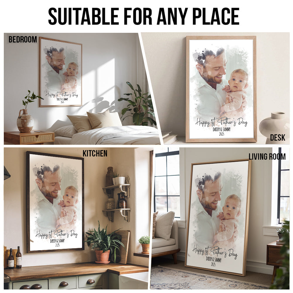 Custom Photo Watercolor First Father's Day poster, kitchen and living room