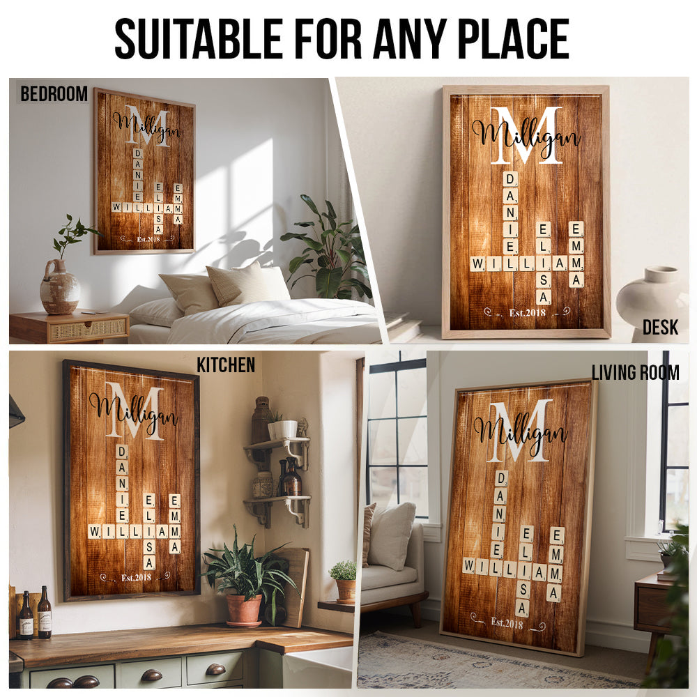 Personalized Family Name Crossword Puzzle Art canvas print, room placement ideas for bedroom, desk, kitchen and living room