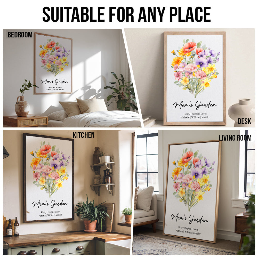 Family Birth Flower Bouquet Flowers - Personalized Poster/Canvas Prints - Mother's Day Gift For Mom, Grandma