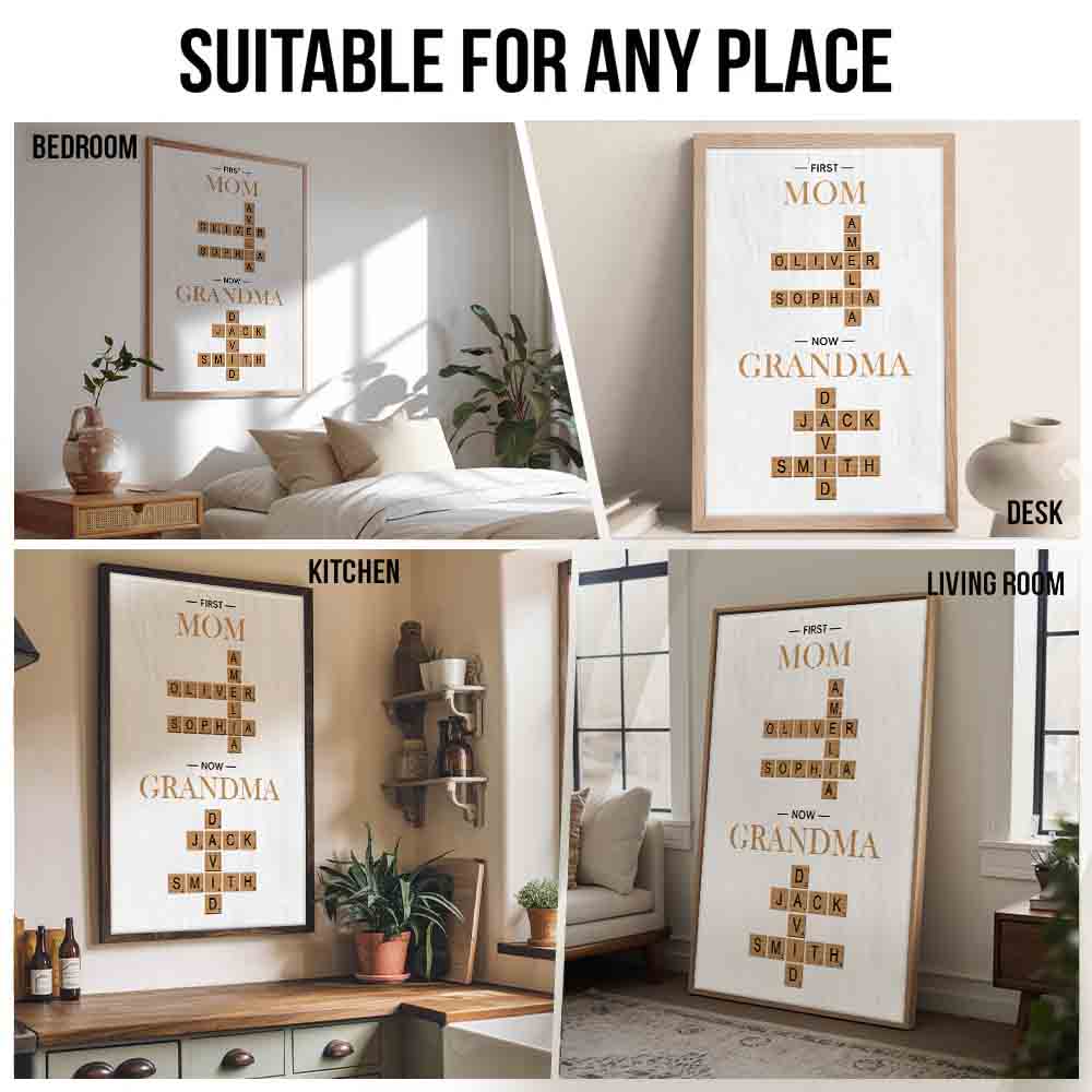 Grandma's Personalized Crossword Canvas: "First Mom Now Grandma" Custom Scrabble Wall Art - Unique Mother's Day or Birthday Gift for Nana