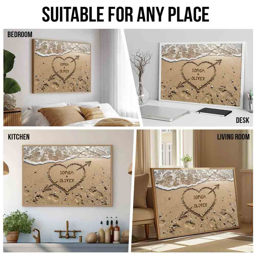 Personalized Couple Names Heart in Sand canvas print, room placement ideas for bedroom, desk, kitchen and living room