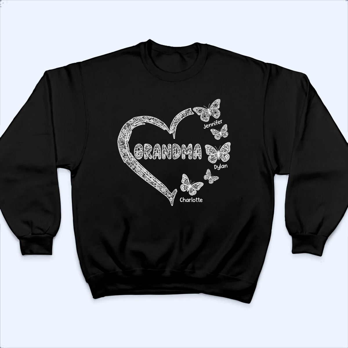Grandma Lace Pattern Butterflies Heart - Personalized Custom T Shirt - Gift For Mom, Grandma, Mama, Nana