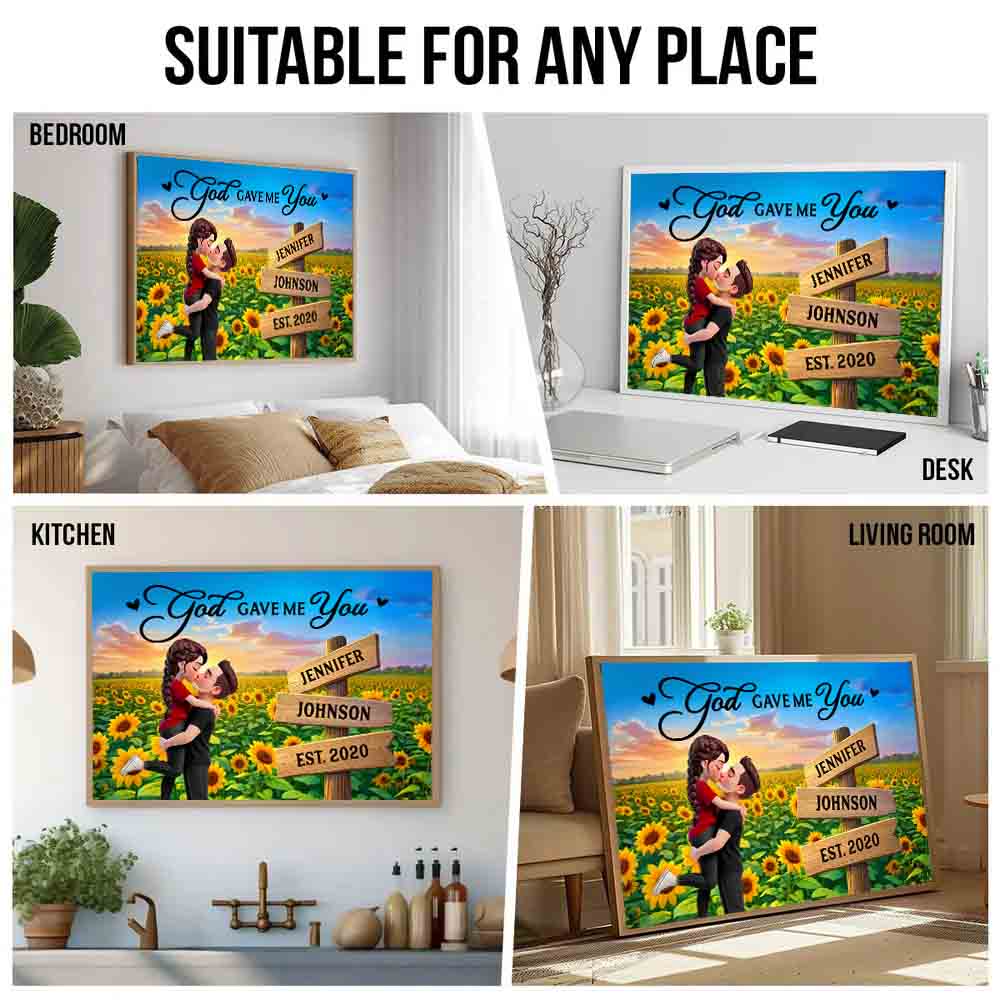 Couple Hugging Kissing Sunflower Field - Personalized Poster/Canvas Prints - Gift For Her/Him, Husband/Wife, Couples on Anniversary, Valentine's Day