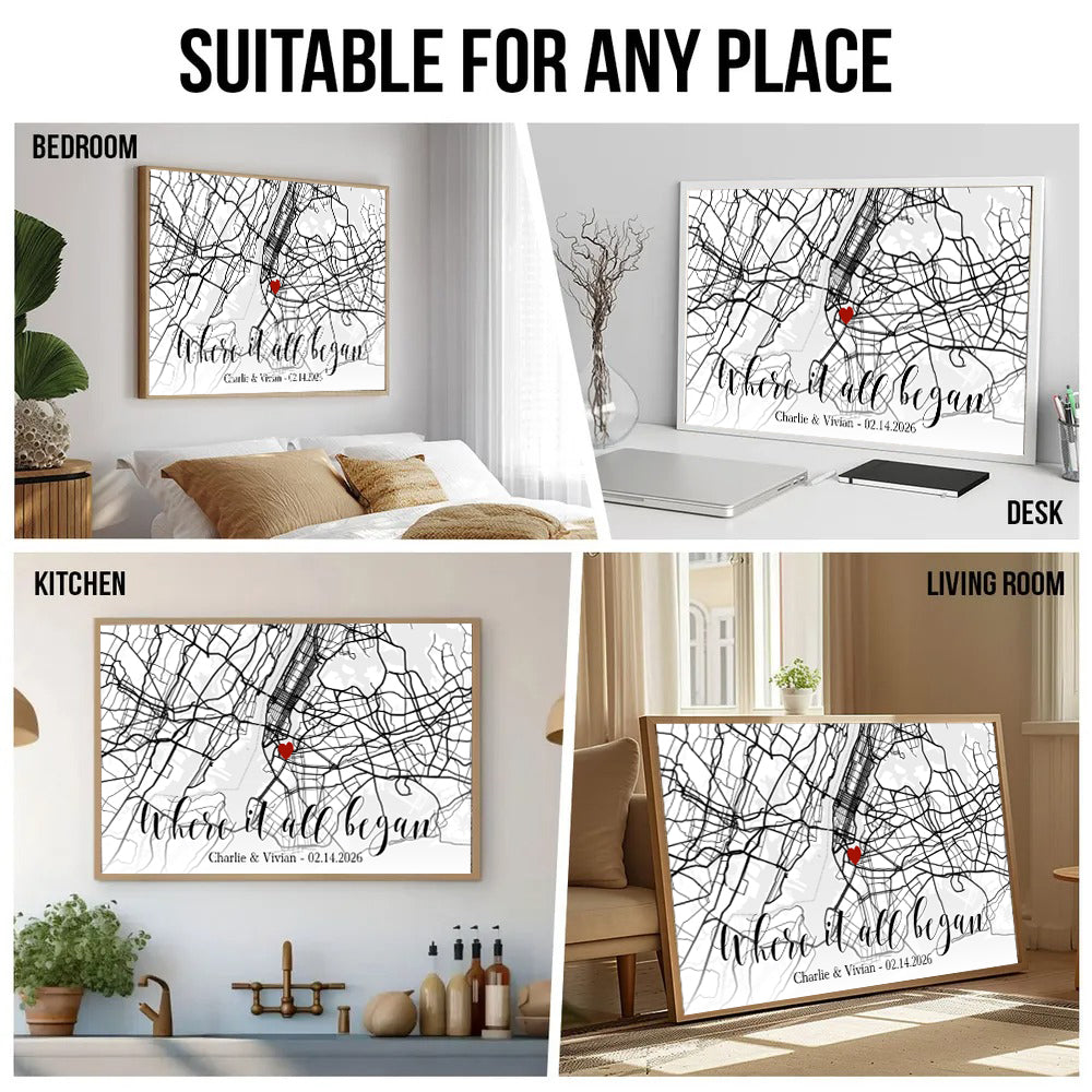 Custom Map Couple Where It All Began - Personalized Poster/Canvas Prints - Gift For Her/Him, Husband/Wife, Couples on Anniversary, Valentine's Day
