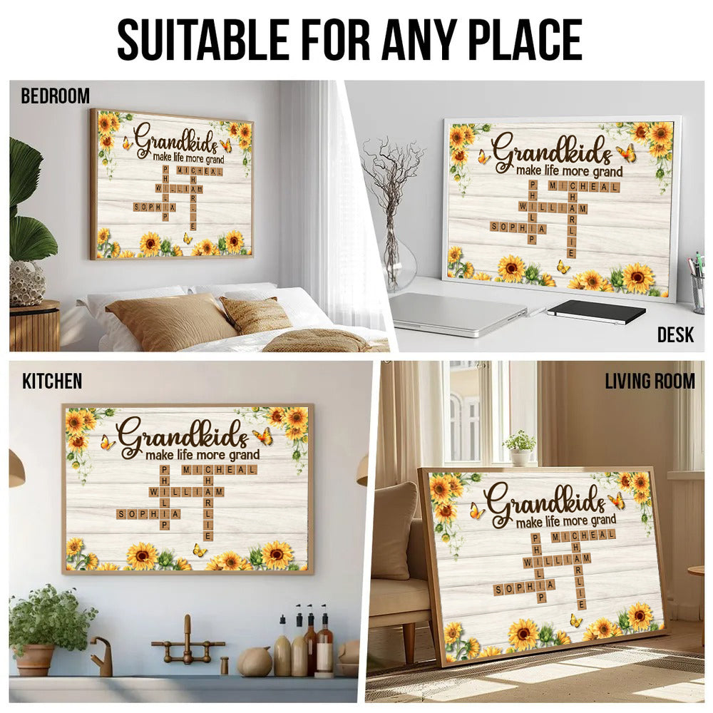 Grandkids Make Life More Grand Crossword Puzzle Sunflower - Personalized Poster/Canvas Prints - Gift for Grandma, Nana, Grandparent