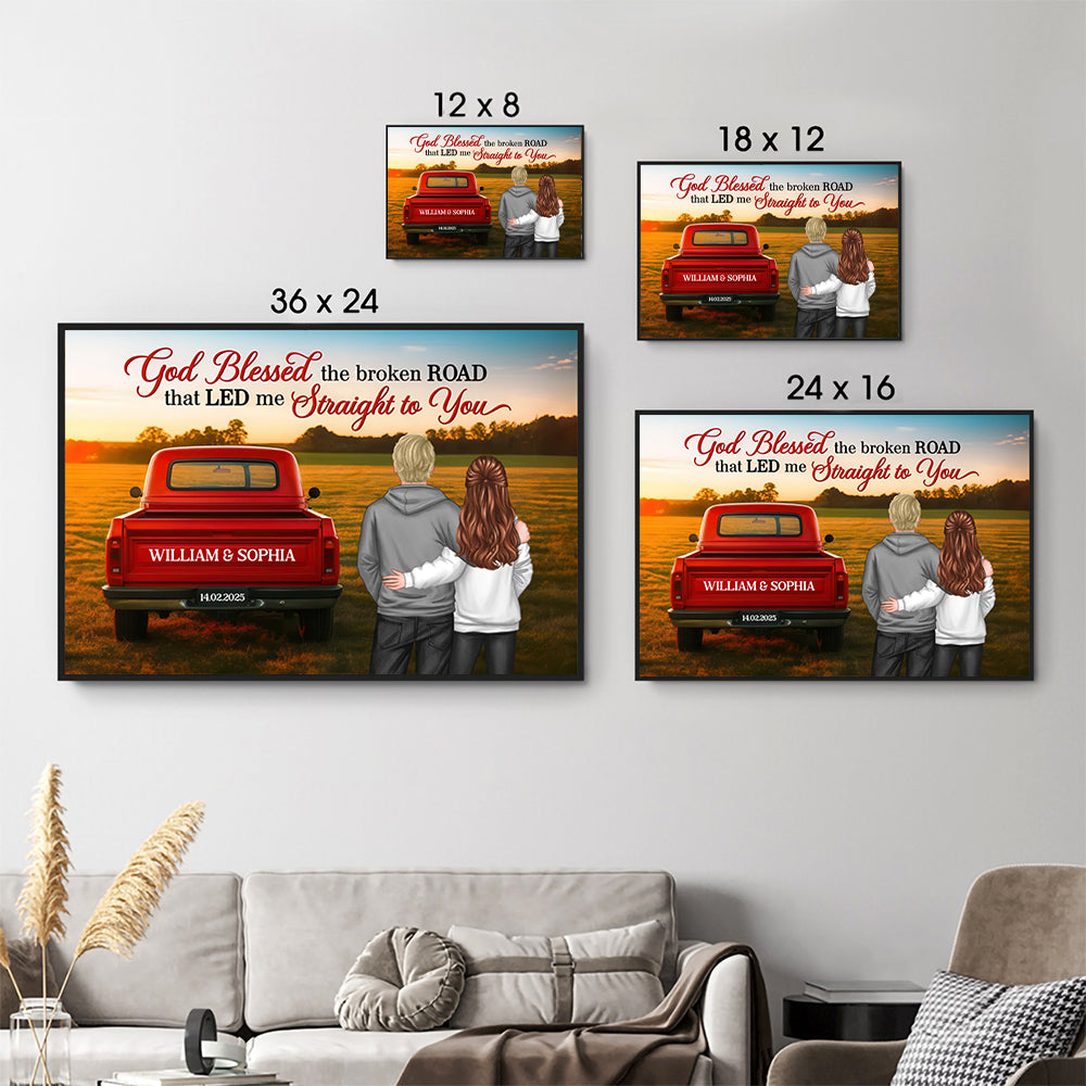 Personalized Couple's Custom Canvas Print, size options shown on a sofa wall