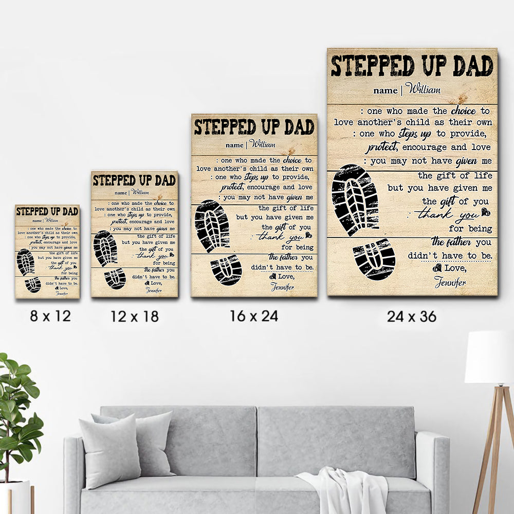 Personalized Stepped Up Dad Happy Father's Day canvas print, size options shown on a sofa wall