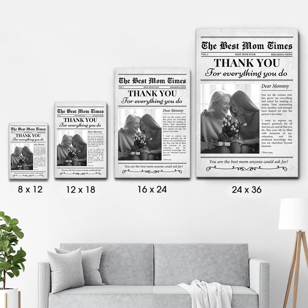 Custom Photo A Mother’s Love Is My Greatest Blessing poster, size options shown on a sofa wall