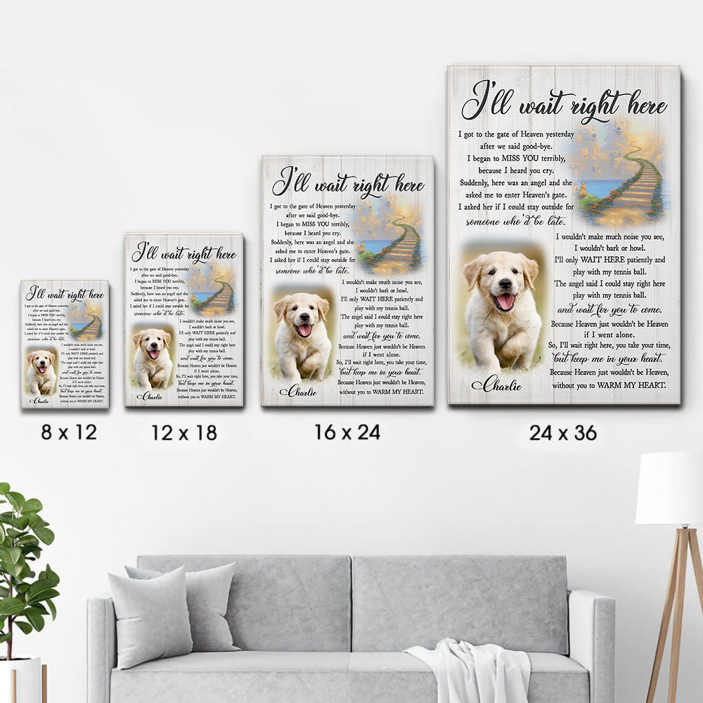 Custom Photo I'll Wait Right Here poster, size options shown on a sofa wall