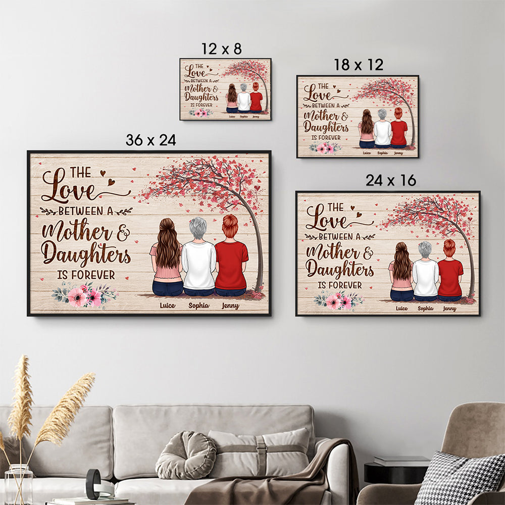 Personalized Mother & Son Daughter Forever Linked Together poster, size options shown on a sofa wall
