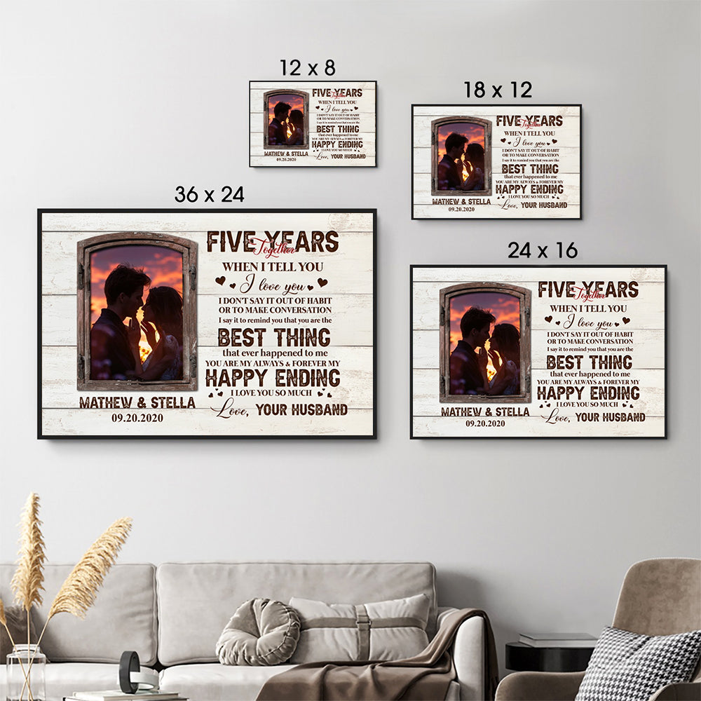 Custom Photo Five Years Together Couple poster, size options shown on a sofa wall
