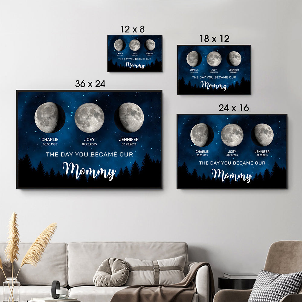 Personalized The Moon Glowed Brighter The Day You Became Mom poster, size options shown on a sofa wall