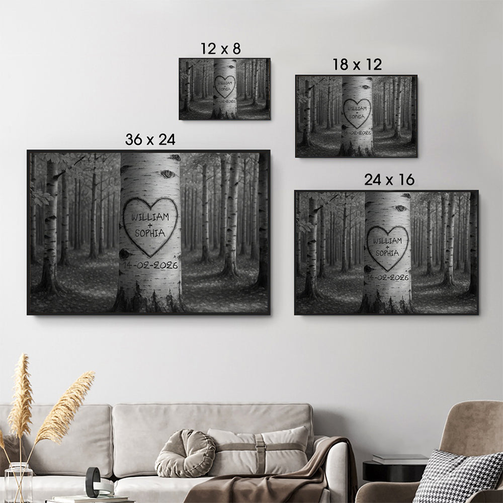 Personalized Couple Names Tree Carving Heart canvas print, size options shown on a sofa wall