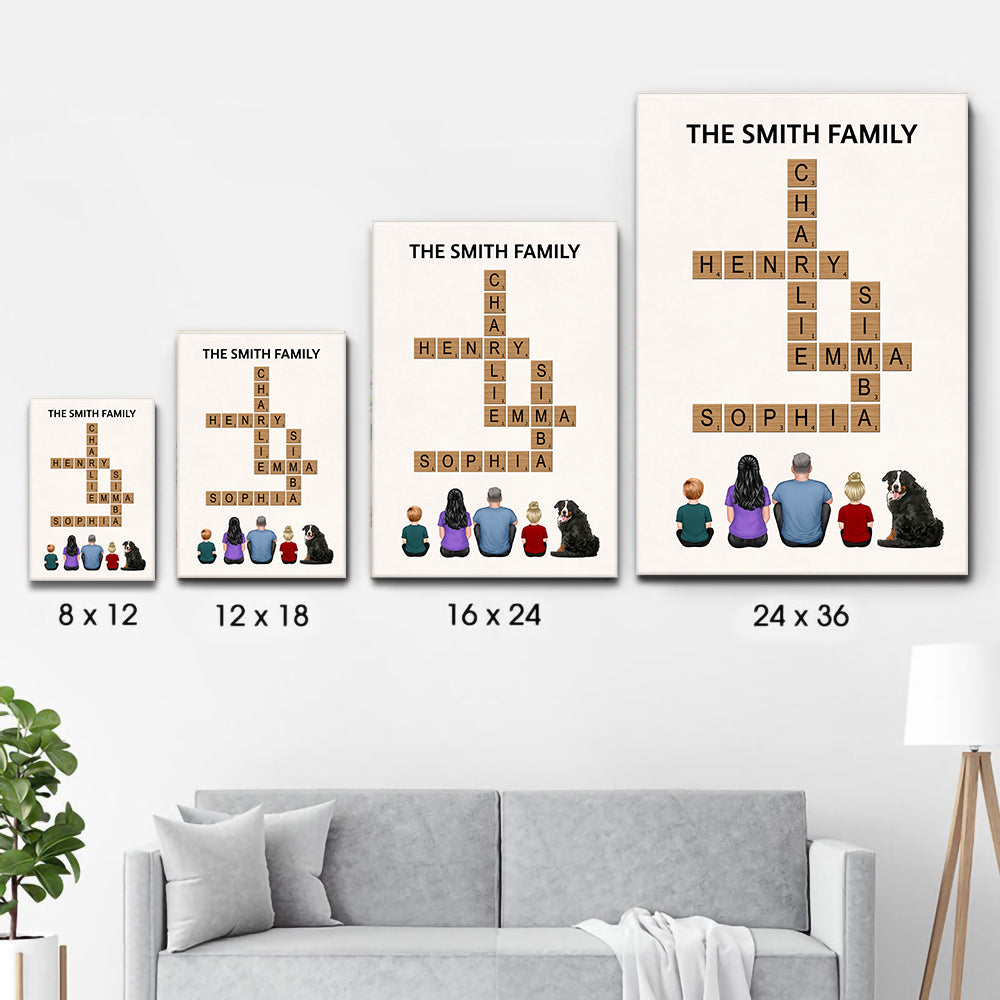Personalized Family Make Your Own Crossword poster, size options shown on a sofa wall