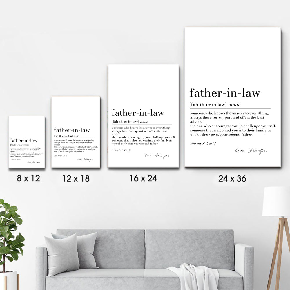 Personalized Father in Law Definition Print poster, size options shown on a sofa wall