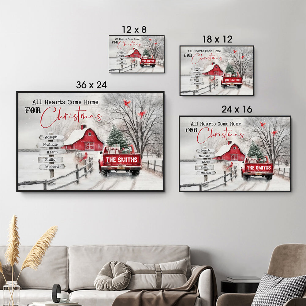 Personalized All Roads Lead Home At Christmas canvas print, size options shown on a sofa wall