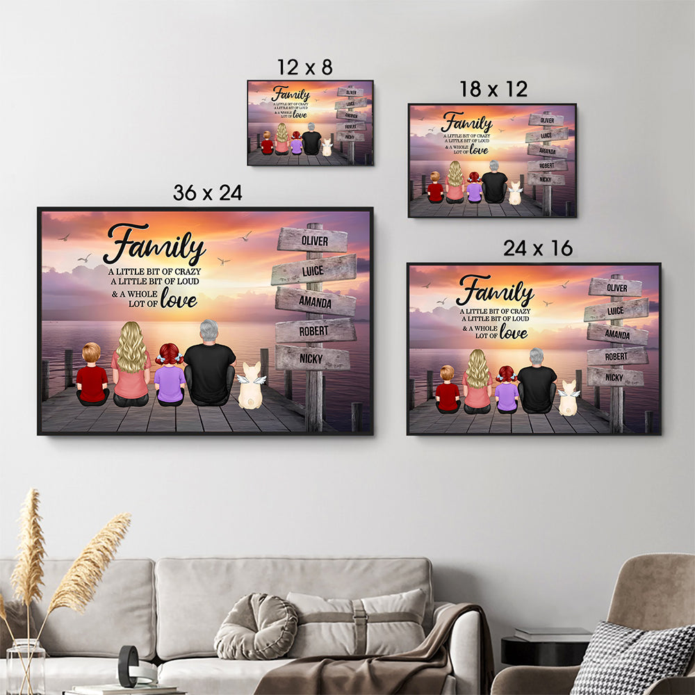 Personalized Retro Vintage Family A Little Whole Lot of Love Sign Posts poster, size options shown on a sofa wall