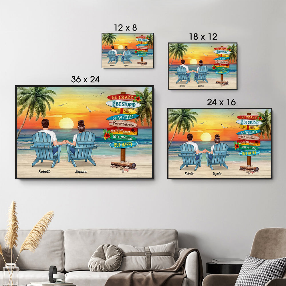 Personalized Summer Couple Sitting Be Happy poster, size options shown on a sofa wall