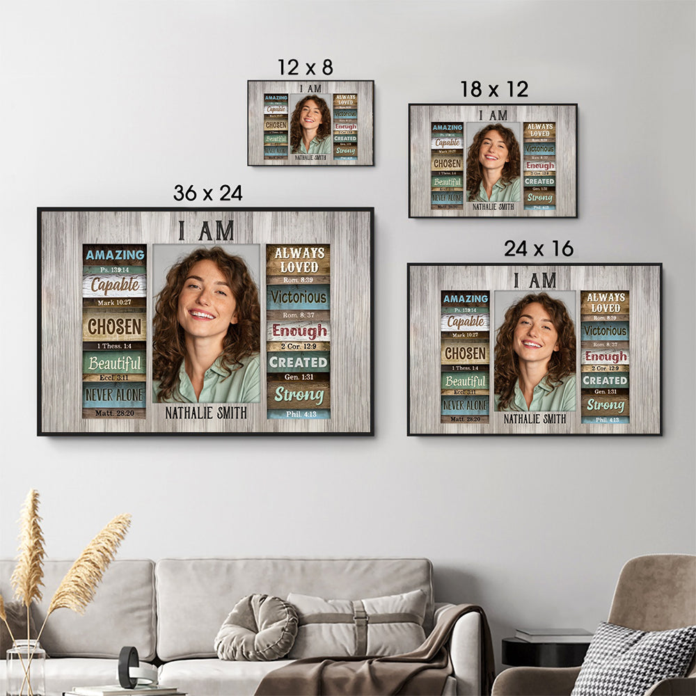Personalized Christian God Says You Are poster, size options shown on a sofa wall