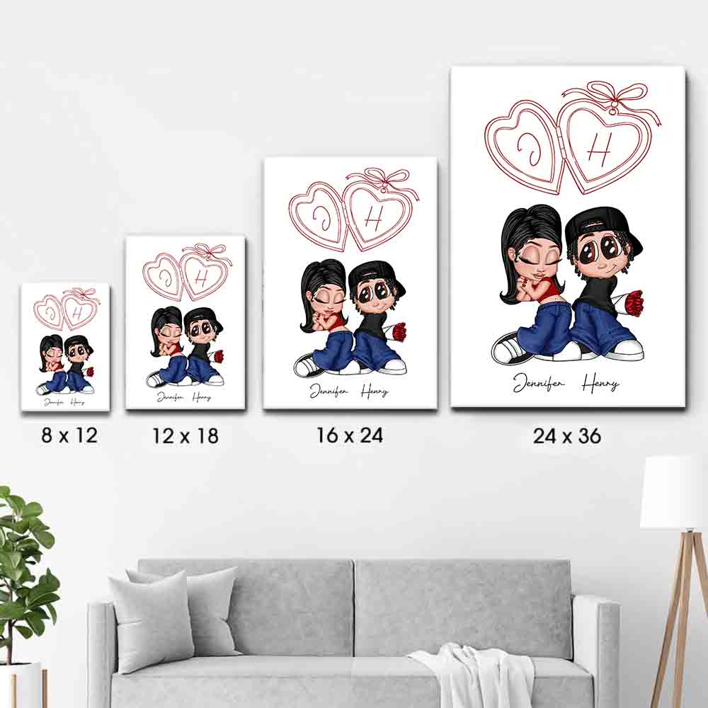 Personalized Y2K Couple Initial Heart Locket poster, size options shown on a sofa wall