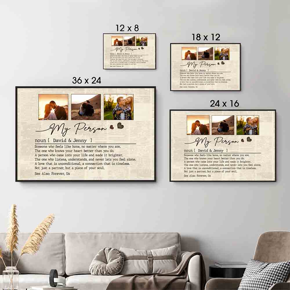 Custom Photo Couple My Person poster, size options shown on a sofa wall