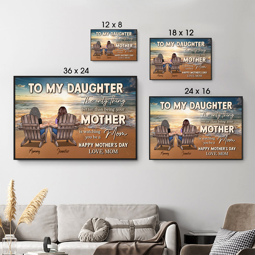 Personalized Beach Landscape To My Daughter From Mom poster, size options shown on a sofa wall