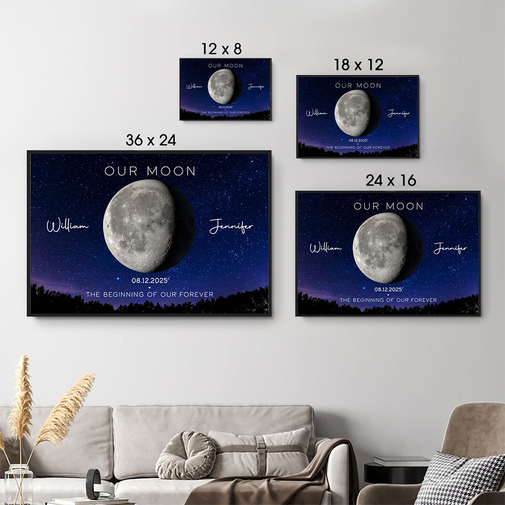 Personalized Couple's Anniversary Moon Phase Canvas print, size options shown on a sofa wall