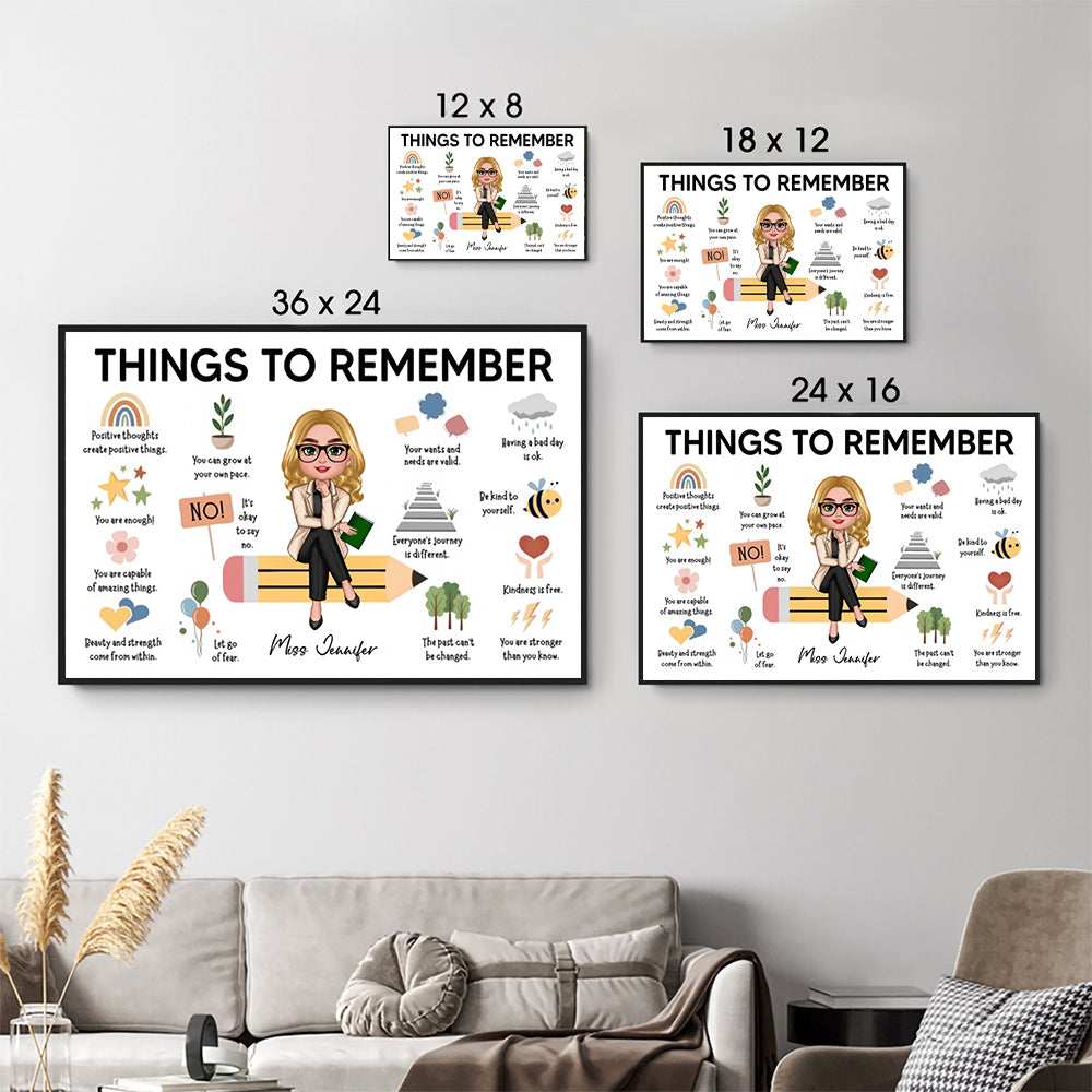Personalized Things to Remember Gift For Teacher canvas print, size options shown on a sofa wall