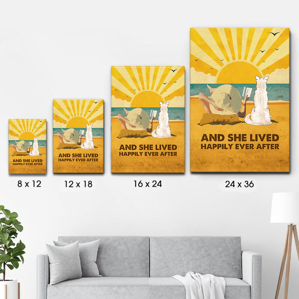 Personalized Dog Happily Ever After poster, size options shown on a sofa wall