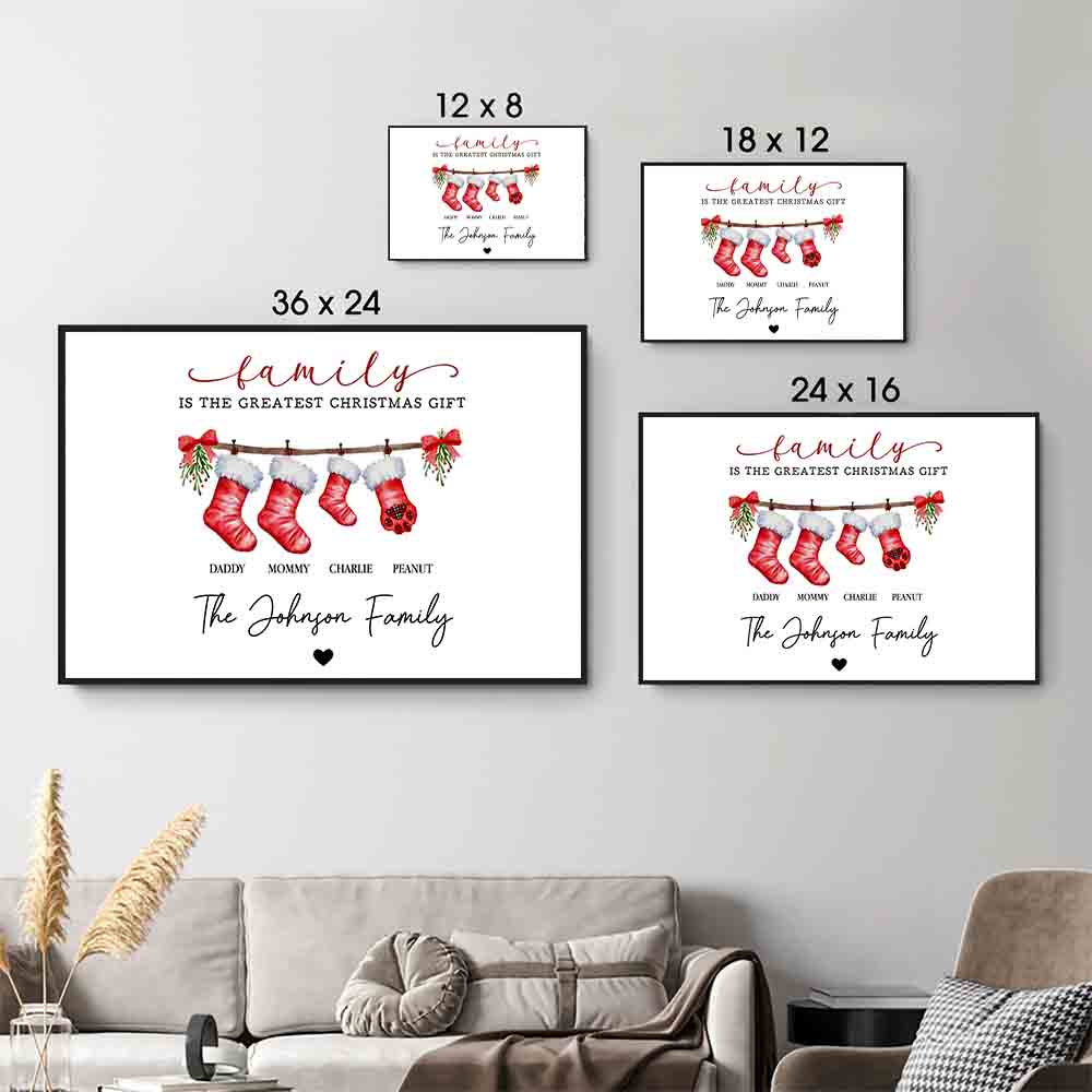 Personalized Family Is The Greatest Christmas Gift canvas print, size options shown on a sofa wall