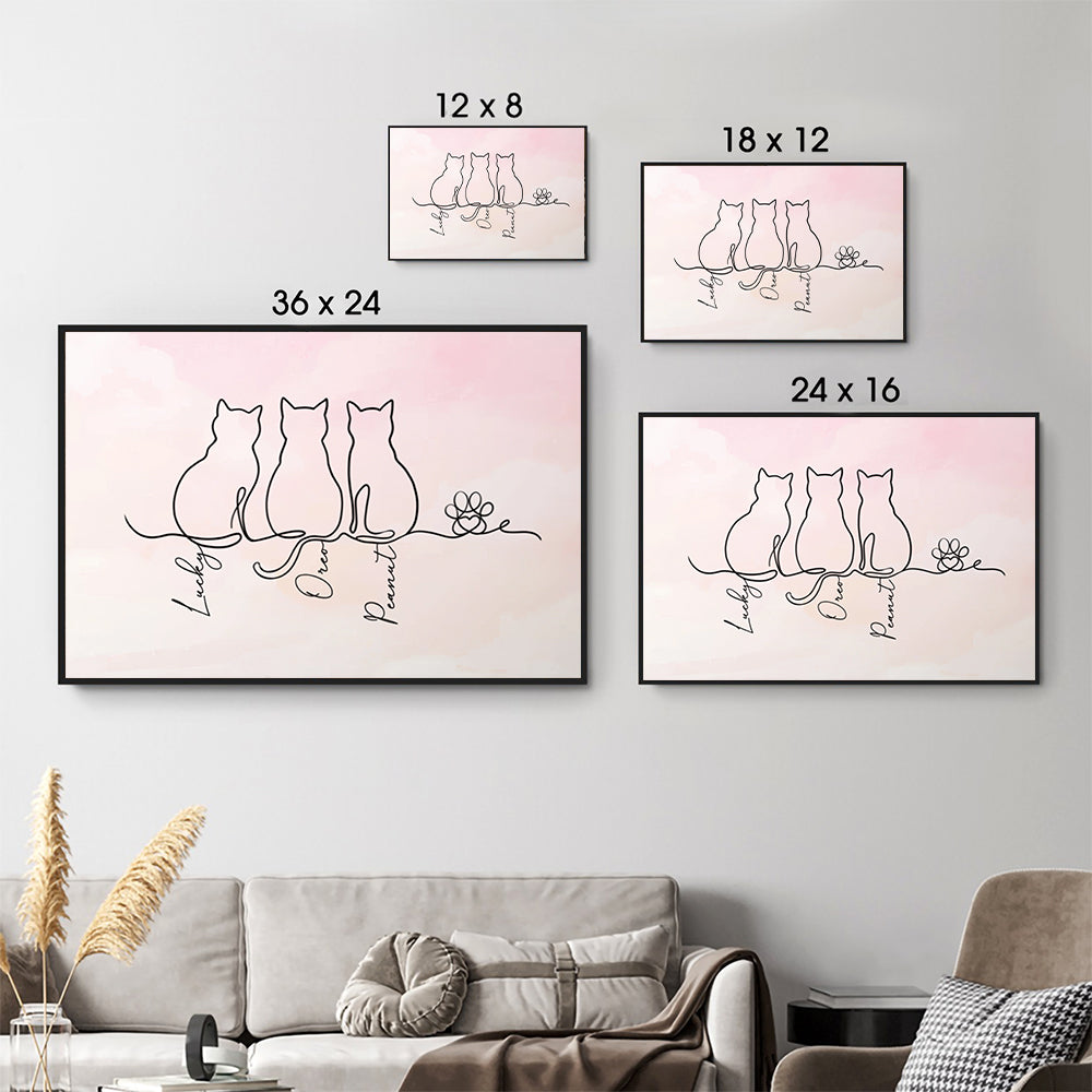 Personalized Adorable Cat Line canvas print, size options shown on a sofa wall