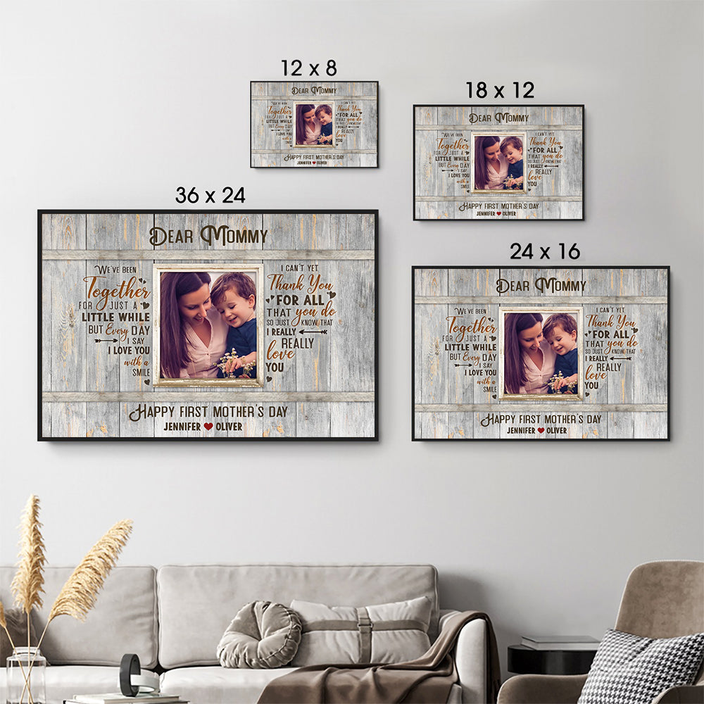 Personalized Happy First Time Mother’s Day poster, size options shown on a sofa wall