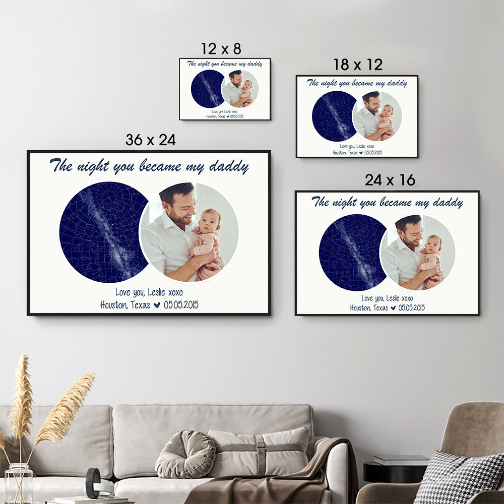 Custom Photo The Night You Became My Daddy poster, size options shown on a sofa wall