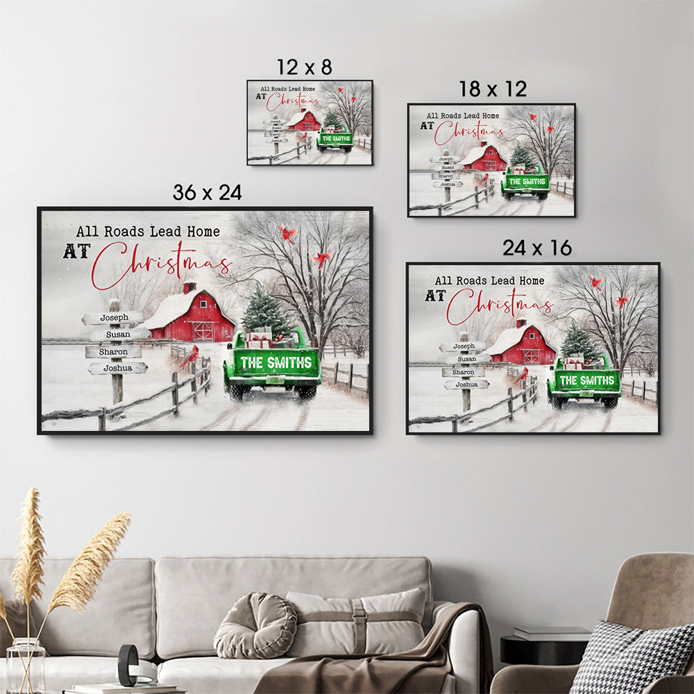 Personalized All Roads Lead Home At Christmas poster, size options shown on a sofa wall